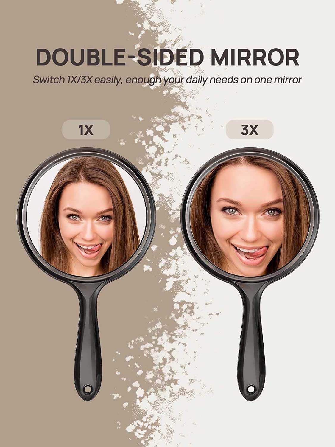 OMIRO Espejo de mano, espejo de mano de doble cara, espejo de aumento 1X/3X con asa, juego de 2 (negro transparente)